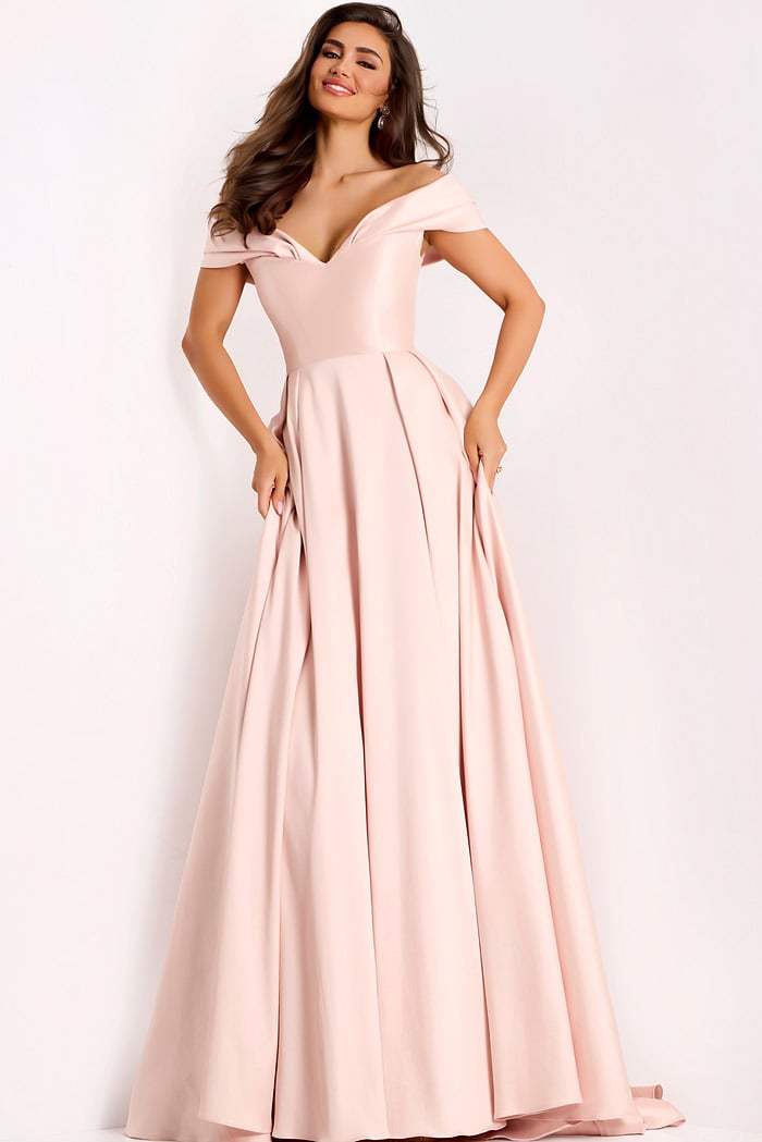 Blush off-shoulder evening gown with flowing A-line skirt
