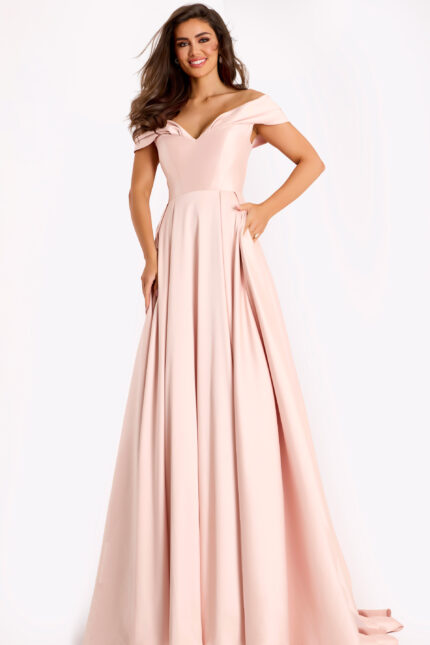 Elegant pink formal dress with structured bodice and soft train
