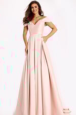 Elegant pink formal dress with structured bodice and soft train
