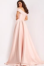 Side and back view of strapless blush satin gown with clean finish