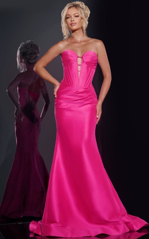 Model wearing Jovani 43350 fuchsia gown with a strapless neckline and mermaid silhouette, front view.