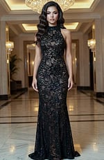 Elegant fitted evening gown with sheer lace detailing