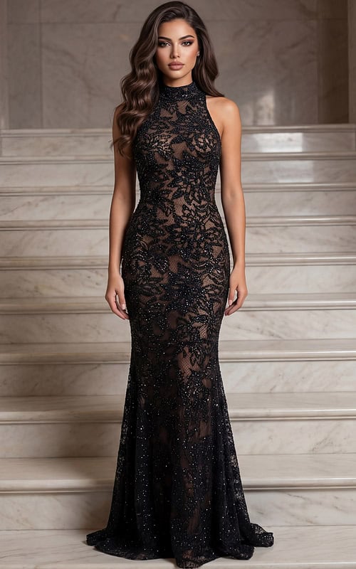 Halter neck lace gown with illusion bodice and fitted silhouette