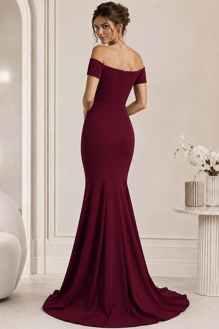 back of simple burgundy mother of the bride dress 43370