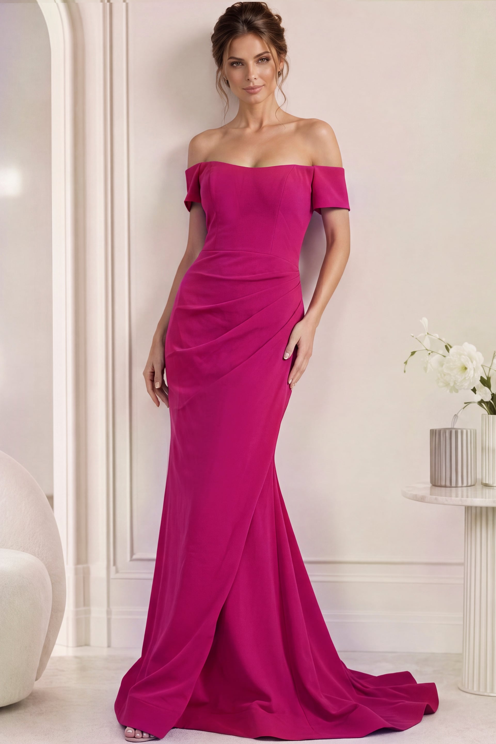 jovani off the shoulder mermaid dress Off the Shoulder Satin Bridal Gown with Ruffled Sleeves and Train JB43896