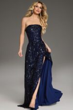Model wearing Jovani 43386 navy gown, elegant front pose