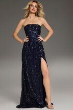 Model wearing Jovani 43386 full-length navy gown, front view