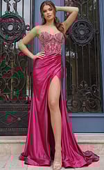 Strapless satin gown with beaded corset bodice, draped skirt, and high slit shown from the front