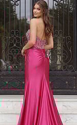 Back view of strapless satin dress with beaded bodice, ruched waist detail, and fitted skir