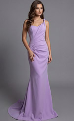 Jovani 43401 lilac one-shoulder mermaid evening gown with twisted strap detail, asymmetric pleated bodice, sweetheart neckline, and floor-length skirt with train.
