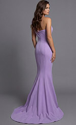 Back view of Jovani 43401 lilac one-shoulder mermaid gown showing a clean fitted silhouette, zipper closure, and sweeping train.