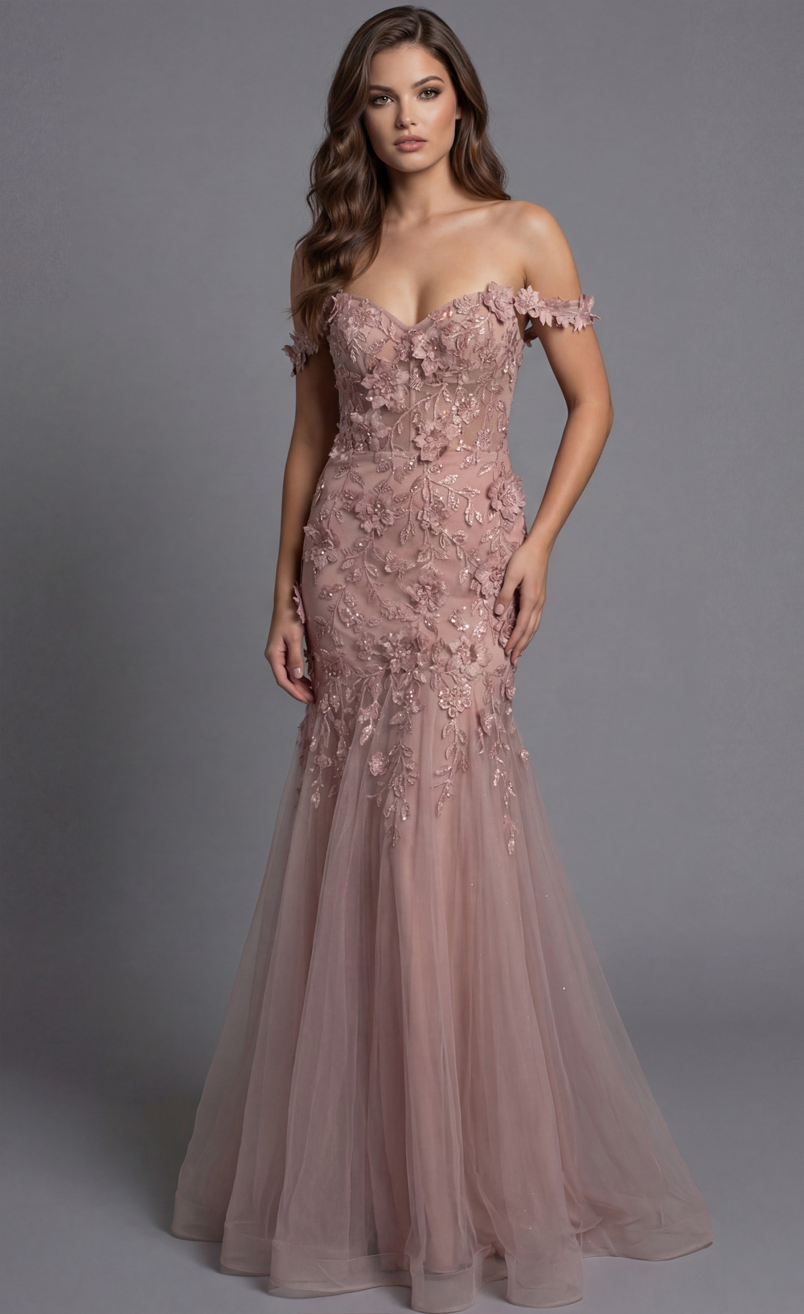 Off Shoulder Floral Lace Mermaid Evening Gown 43405 | Jovani