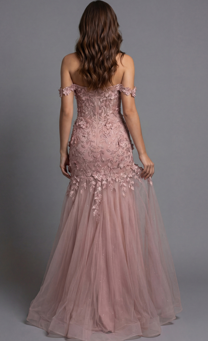 Blush floral appliqué fitted tulle dress front view