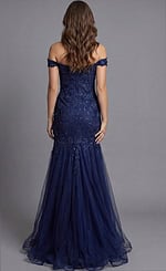 Back view of Jovani 43405 navy blue off-the-shoulder mermaid gown with sequined floral lace appliqués, zipper closure, and glitter tulle flared skirt.