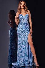Model wearing Jovani 43410 blue gown with sweetheart neckline and high slit, front view.