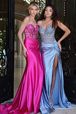 beaded corset dress with high slit - two girls front, blonde updo, dark curls, high slit