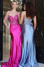 beaded corset dress with high slit - two girls front, blonde direct, brunette over shoulder
