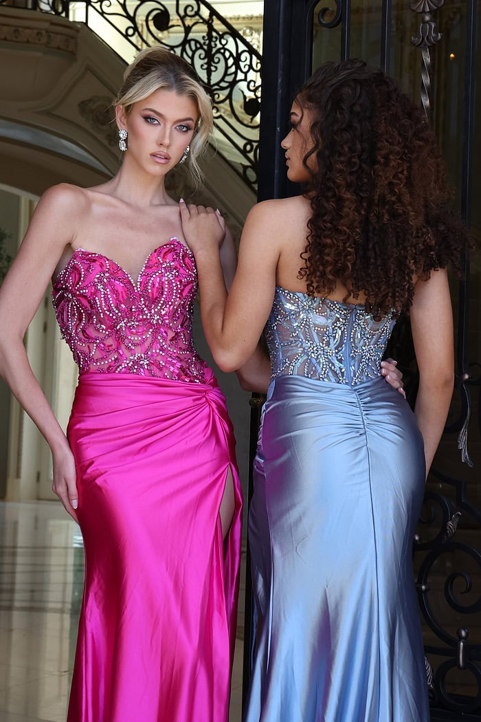 beaded corset dress with high slit - two girls front, blonde camera gaze, brunette profile