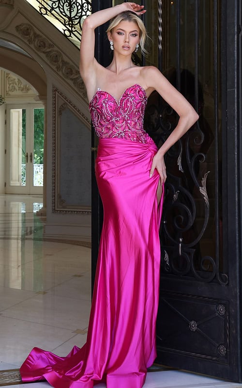 fuchsia beaded corset dress with high slit - front full body, arm raised hand on hip slit
