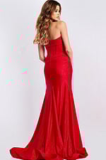 Red strapless glitter prom dress with high slit