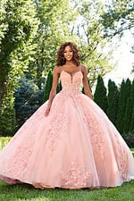 Model wearing Jovani 43431 blush ball gown, full-length front view.