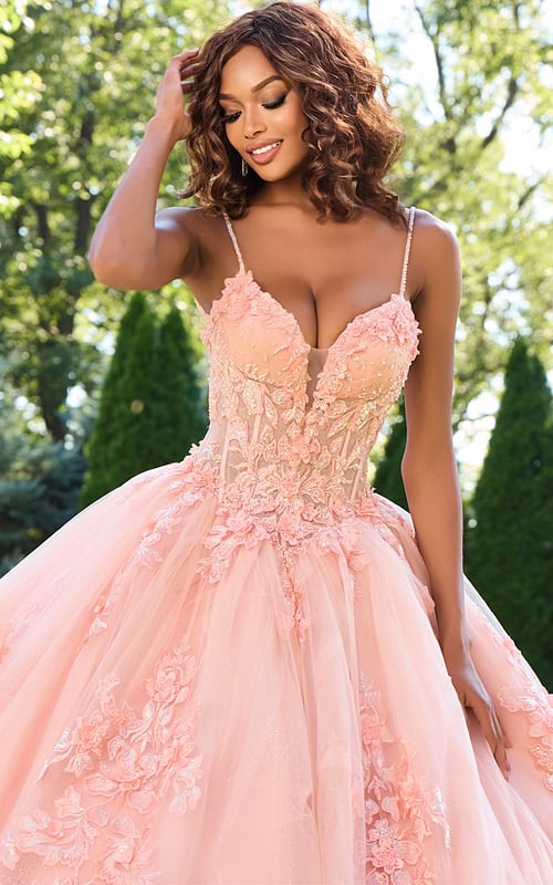 Model wearing Jovani 43431 blush gown, close-up view of bodice.