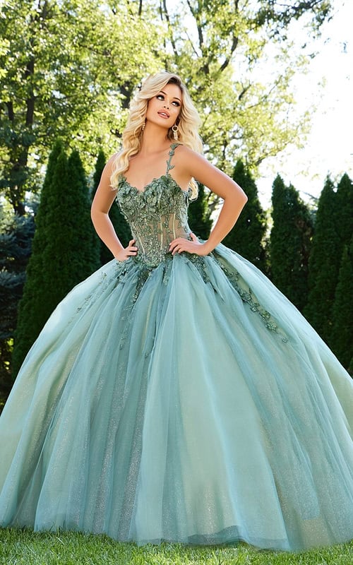 model wearing 43437 green ball gown with lace bodice and tulle skirt