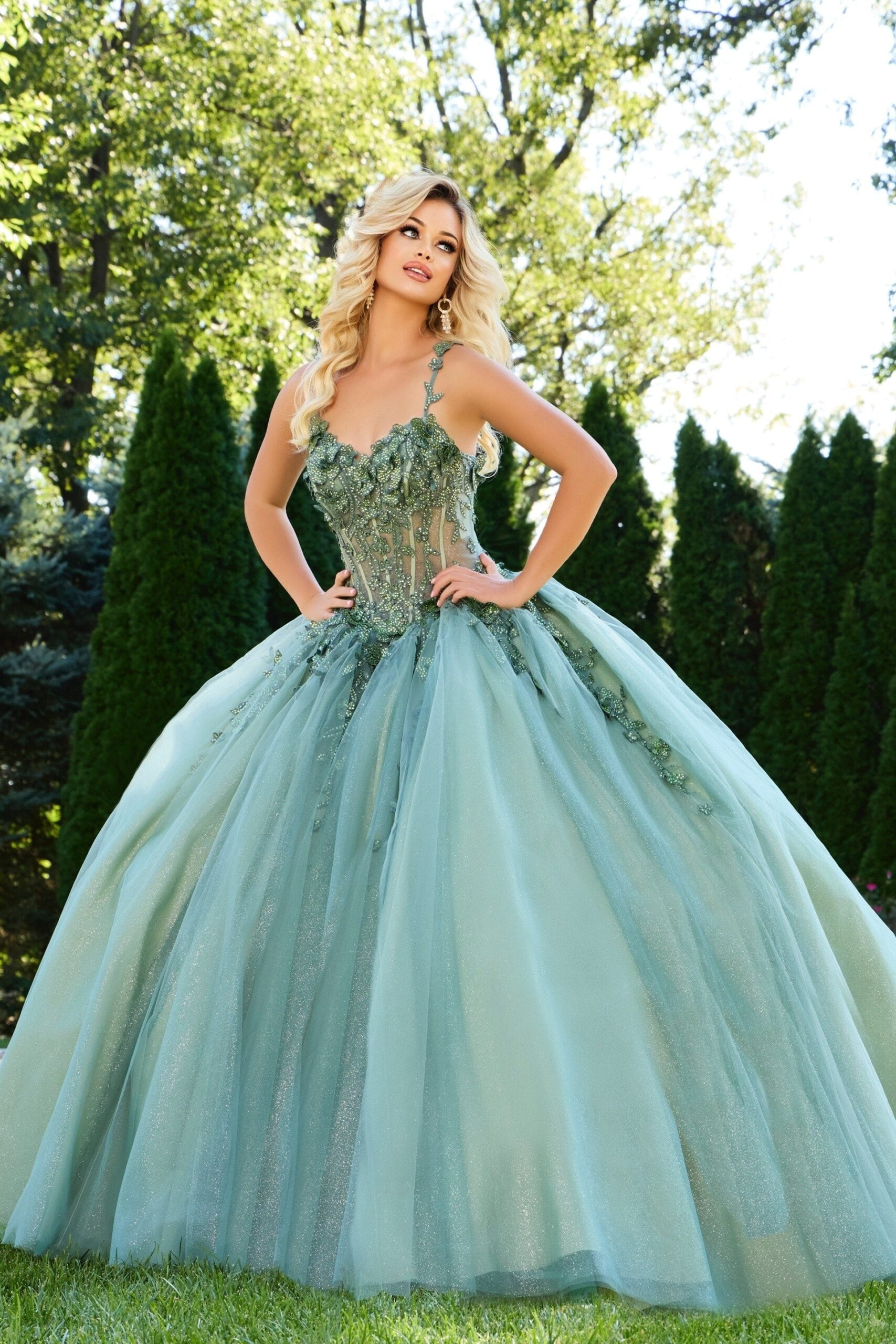 green emerald velvet dress Quinceanera Collection 26053