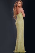 Back view of model wearing Jovani 43442 showcasing shimmering fabric.