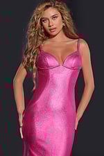 Close-up of Jovani 43443 gown, featuring sweetheart neckline and luxurious shimmer in vivid pink.