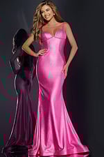 Model wearing Jovani 43443 vivid pink mermaid gown, front view, sweetheart neckline, and floor-length glamour.