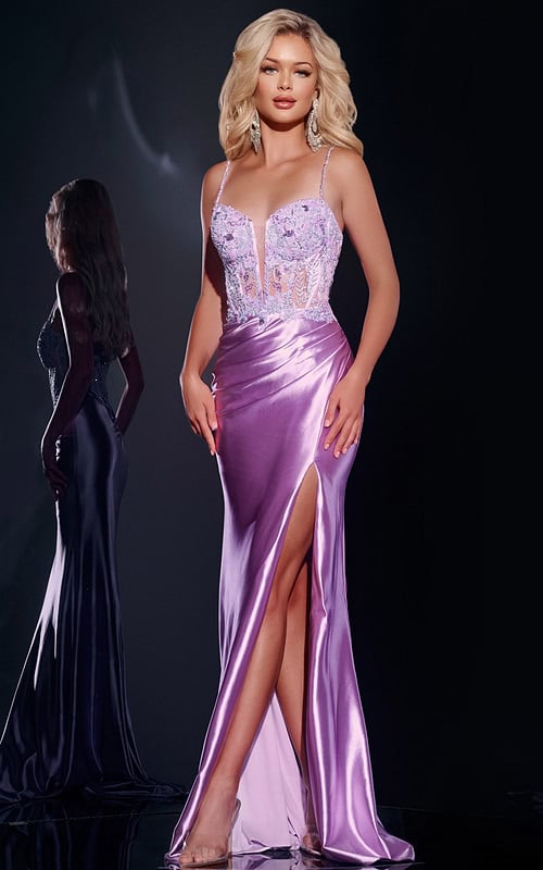 Model wearing Jovani 43569 lilac gown with floral embroidery and high slit.