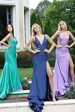 Trio of shimmer gowns with plunging neckline and open back designs
