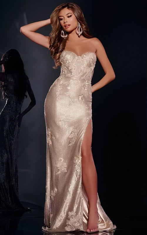 model wearing Jovani 43587 gold gown with sweetheart neckline and high slit