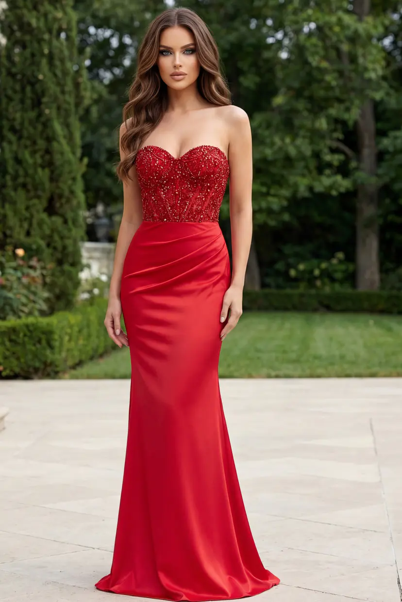 Front view of strapless beaded gown with sweetheart neckline and fitted silhouette.