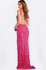 Pink sequin prom dress with deep V neckline and high slit design