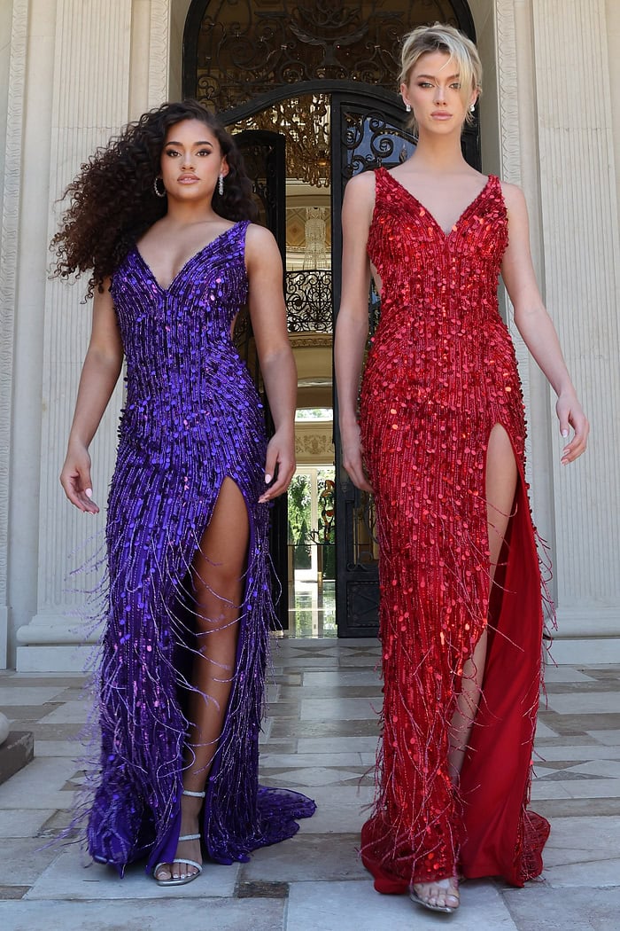 V-Neck Sequin Fitted Gown with Train 43623