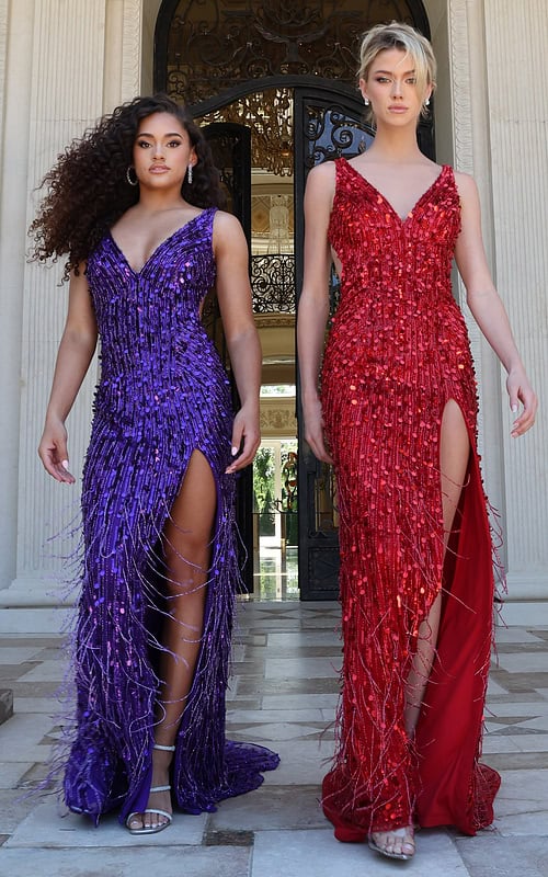 plunging sequin gown with high slit and open back