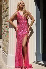 Deep V-neck fitted gown adorned with iridescent sequins