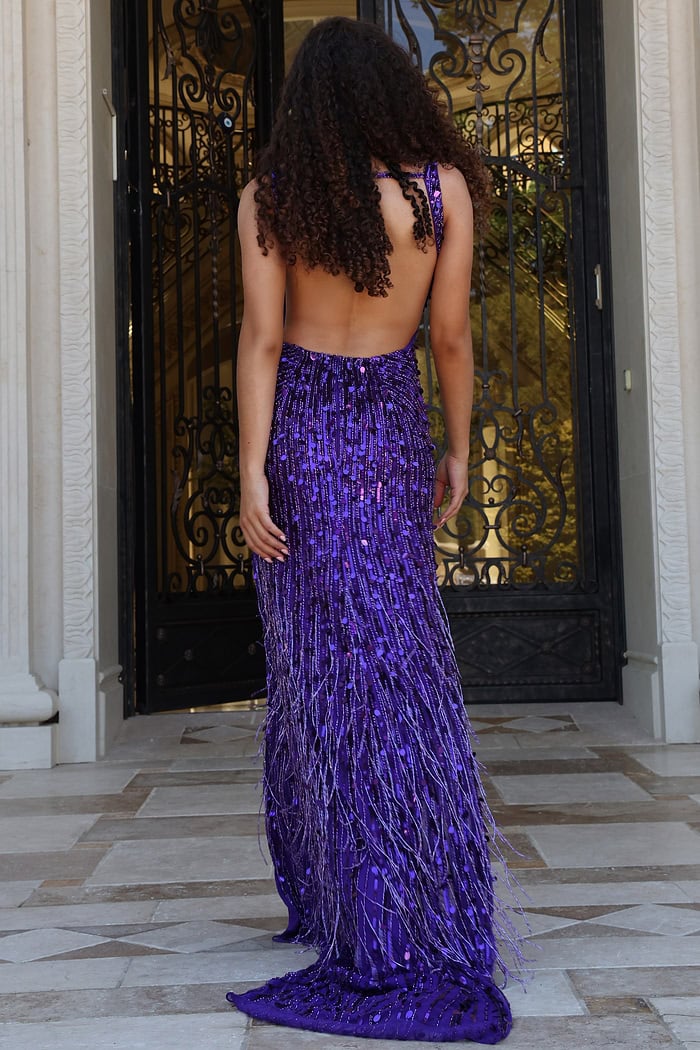 plunging sequin gown with high slit and open back