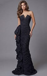 Strapless fitted gown with ruched texture, crystal-trimmed neckline, and cascading side ruffle