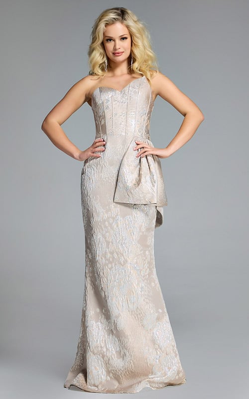 Strapless brocade evening gown with peplum detail