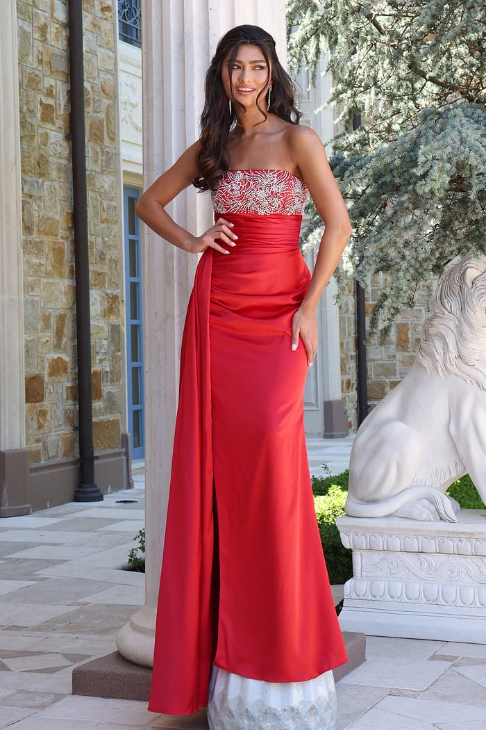 royal blue beaded strapless column dress