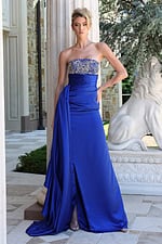 royal blue beaded strapless column dress