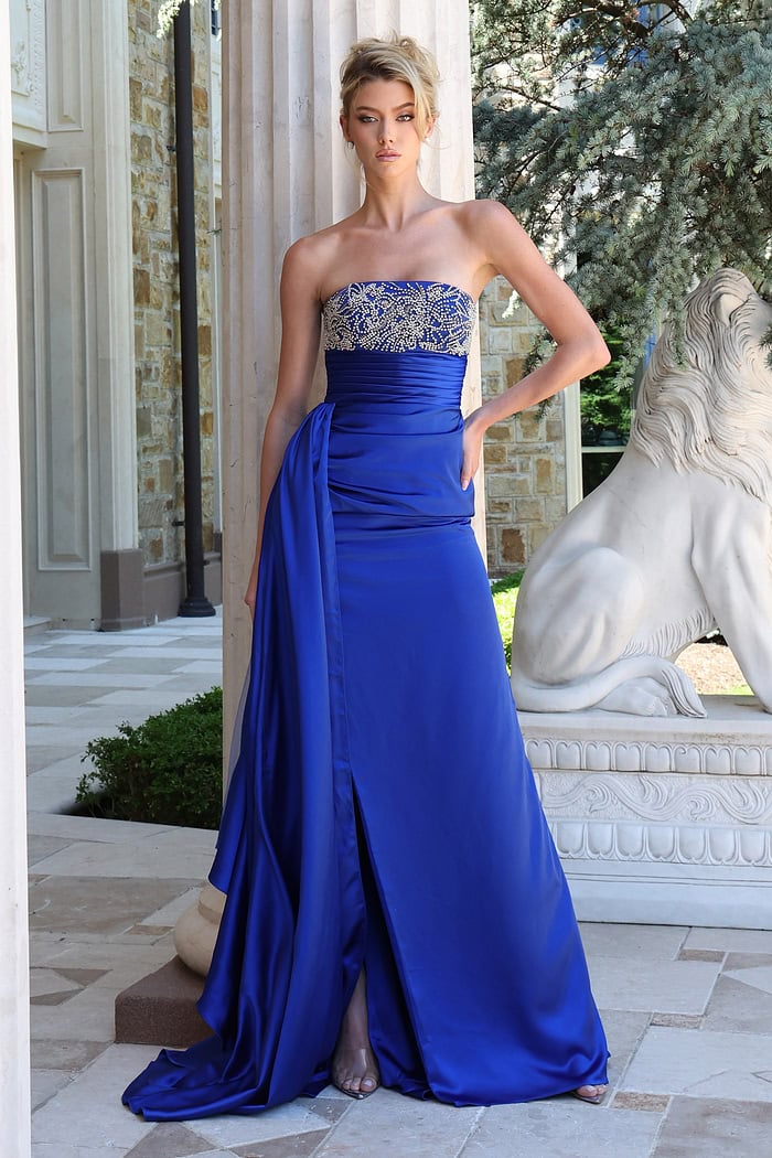 royal blue beaded strapless column dress