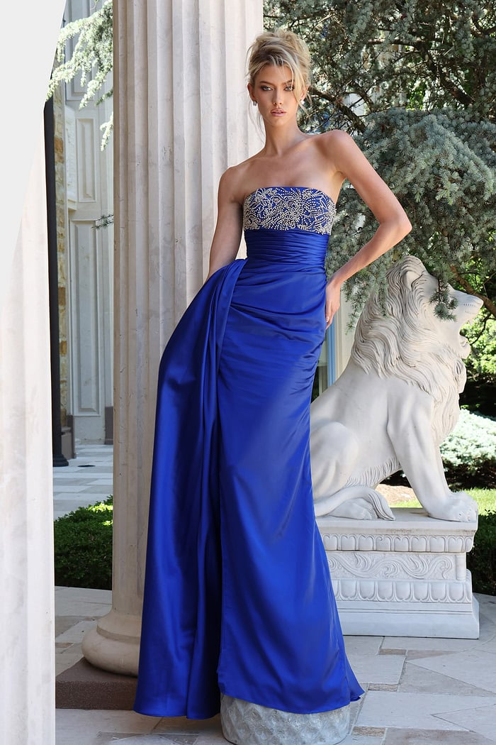 royal blue beaded strapless column dress