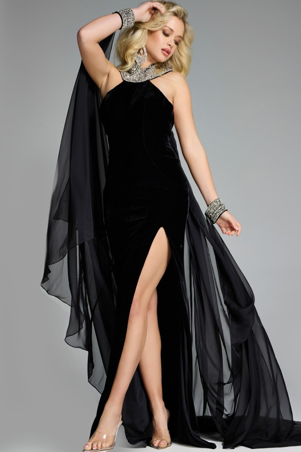 43696_BLACK_006-1 Model wearing Jovani dress 43696-1.