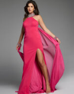 Elegant pink evening dress featuring a side slit and chiffon layers