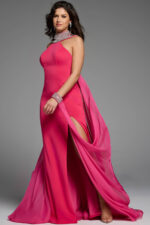 Flowing pink gown with high neckline and embellished straps