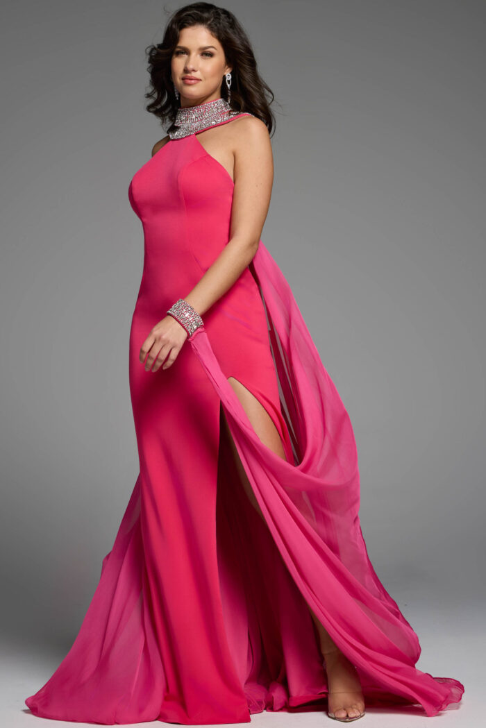 Flowing pink gown with high neckline and embellished straps